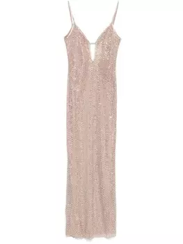 Сетчатое платье макси со стразами Self-Portrait, серебряный