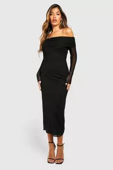 Сетчатое платье мидакси с открытыми плечами boohoo, черный