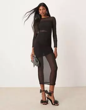 Сетчатое платье мидакси со сборками по бокам черного цвета New Look