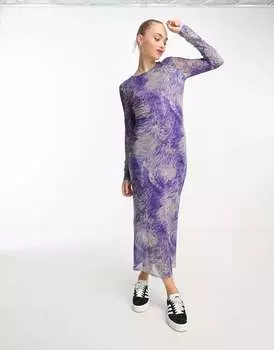 Сетчатое платье миди Monki фиолетово-зеленого цвета с завитками