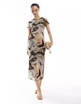 Сетчатое платье-миди с короткими рукавами в коричневый узор New Look