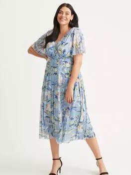 Сетчатое платье миди с рукавами ангела и цветочным принтом Victoria Scarlett & Jo, дымчатый синий/мульти