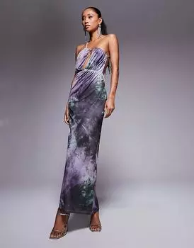 Сетчатое платье-миди с вырезами в абстрактный фиолетовый принт ASOS DESIGN