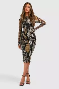 Сетчатое платье миди с животным принтом boohoo, коричневый