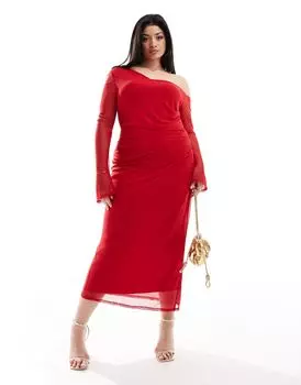 Сетчатое платье миди со сборками и длинными рукавами ASOS DESIGN Curve