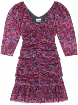 Сетчатое платье мини со сборками GANNI, розовый