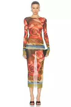 Сетчатое платье Roses с длинными рукавами Jean Paul Gaultier, зеленый/красный/синий