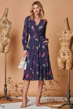 Сетчатое платье с длинными рукавами и запахом спереди Jolie Moi, синий