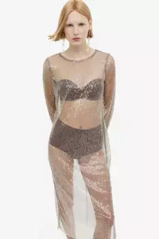 Сетчатое платье с пайетками H&M, бежевый
