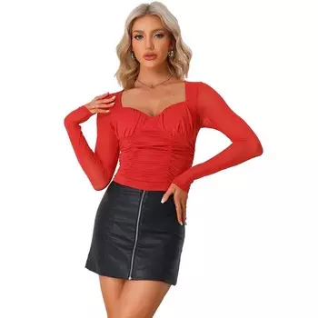 Сетчатые топы с длинными рукавами для женщин, осенняя модная блузка с вырезом в форме сердца и рюшами, с мягкой подкладкой на груди ALLEGRA K, красный