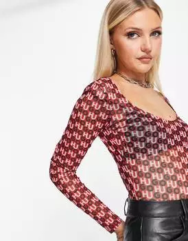 Сетчатый боди с принтом логотипа HUGO в нескольких цветах