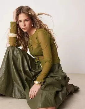 Сетчатый кардиган с перламутровыми пуговицами оливкового цвета ASOS DESIGN