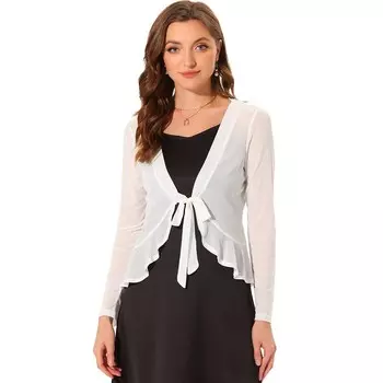 Сетчатый кардиган с рюшами для женщин с длинными рукавами и завязками, повседневный болеро-кардиган ALLEGRA K, белый
