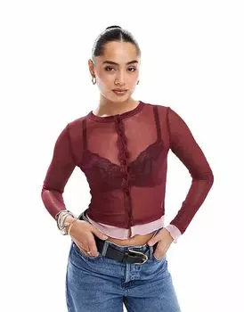 Сетчатый топ ASOS DESIGN на пуговицах с контрастной отделкой бордового цвета