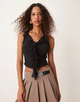 Сетчатый топ без рукавов с оборками черного цвета New Look