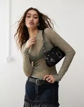 Сетчатый топ Nico с длинными рукавами в бежевую клетку Weekday