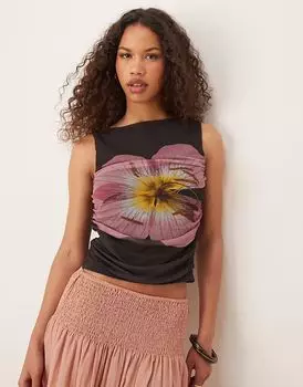 Сетчатый топ с цветочным узором и косым вырезом ASOS DESIGN коричневого цвета