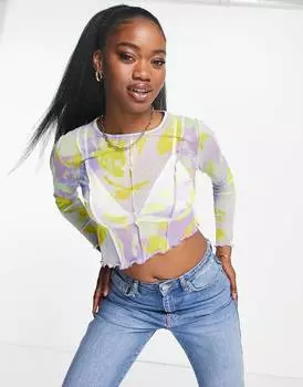 Сетчатый топ с длинными рукавами и отстрочкой с цветочным принтом ASOS DESIGN - ОРАНЖЕВЫЙ