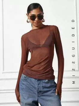 Сетчатый топ с длинными рукавами и вырезом для большого пальца MISSGUIDED Cheer, коричневый цвет