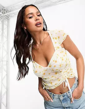 Сетчатый топ с короткими рукавами и рюшами ASOS DESIGN с легким цветочным рисунком