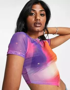 Сетчатый топ с короткими рукавами и шарфом по краю с принтом галактики ASOS DESIGN - MULTI