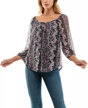 Сетчатый топ с круглым вырезом и рукавами-пузырьками 3/4 с принтом для юниоров BCX, мульти