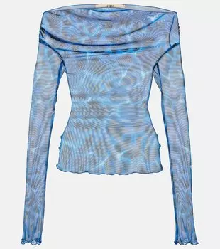 Сетчатый топ с открытыми плечами и принтом на ключицах Knwls, синий