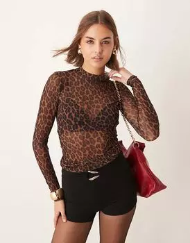 Сетчатый топ с высоким воротом и длинными рукавами с леопардовым принтом New Look