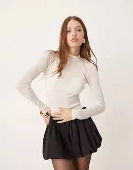 Сетчатый топ со стоячим воротником и длинными рукавами кремового цвета New Look