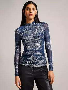 Сетчатый топ Sofiy с фольгированным принтом Ted Baker, темно-синий/серебристый