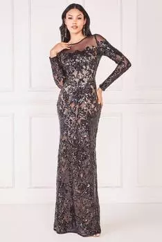 Сетка макси с пайетками и цветочным принтом Goddiva, черный