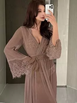 Сексуальная перспективная шелковая пижама из блестящего лоскутного кружева с поясом Dazy, кофейно-коричневый