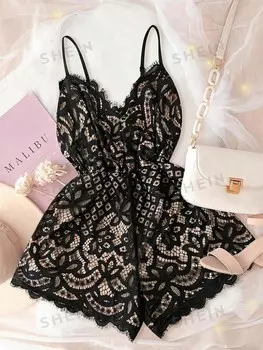 Сексуальный комбинезон Priv, без рукавов, открытая талия, кружевная ткань, принт по всей поверхности, большой размер Shein, черный