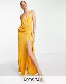 Шафрановое платье макси с запахом и драпировкой ASOS DESIGN Tall