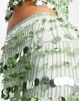 Шалфейная зеленая юбка миди с бахромой и пайетками ASOS