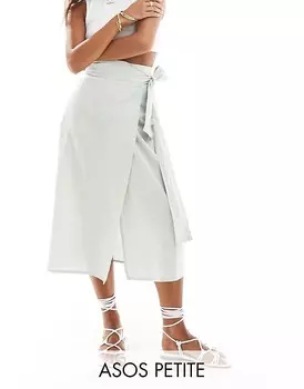 Шалфейно-зеленая льняная юбка миди ASOS DESIGN Petite – с запахом
