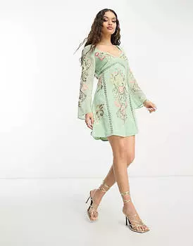 Шалфейное чайное платье мини с длинными рукавами и лесенкой ASOS DESIGN Petite