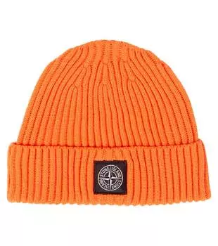 Шапка-бини из натуральной шерсти с ребристым узором Stone Island Junior, оранжевый