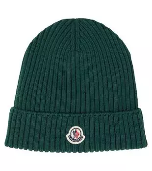 Шапка-бини из натуральной шерсти с логотипом в рубчик Moncler Enfant, зеленый