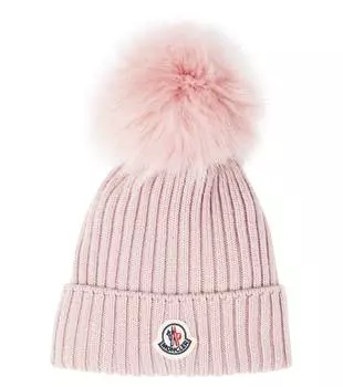 Шапка-бини из натуральной шерсти с логотипом в рубчик Moncler Enfant, розовый