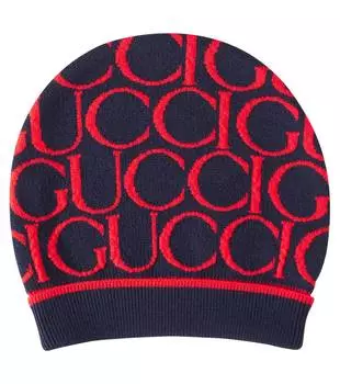 Шапка-бини из шерсти с жаккардом и логотипом Gucci Kids, цвет mid.night bl/red