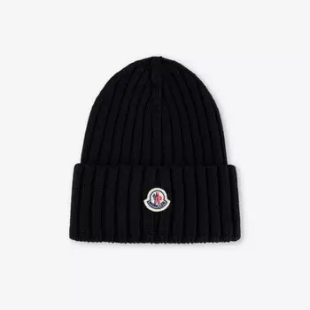 Шапка-Бини из шерстяной пряжи с фирменной аппликацией Moncler, черный