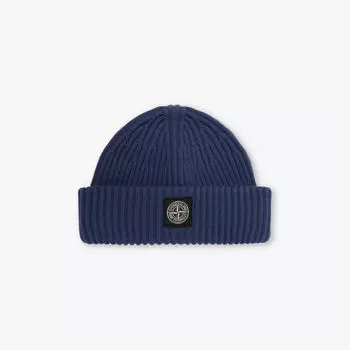 Шапка-Бини из шерстяной ткани в рубчик Brand-Patch Stone Island, синий