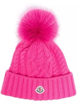 Шапка-бини косой вязки Moncler с нашивкой-логотипом, розовый