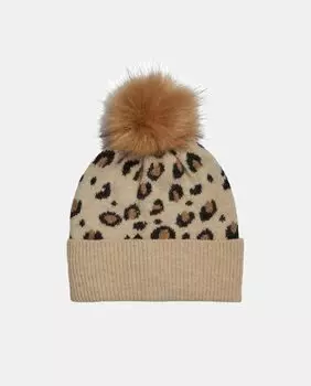 Шапка-бини с леопардовым принтом и меховым помпоном Pieces, бежевый