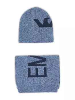 Шапка-бини с логотипом Emporio Armani Kids, интарсия (комплект из двух штук), синий