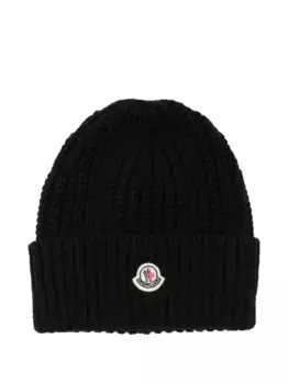 Шапка-бини с ребристым логотипом MONCLER, черный