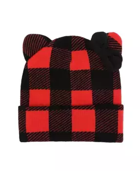 Шапка-бини в форме головы с красными манжетами в клетку и флисовым бантом Hello Kitty, красный