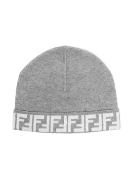 Шапка бини вязки интарсия с логотипом Fendi Kids, серый
