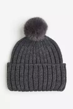 Шапка H&M Rib-knit Pompom, темно-серый